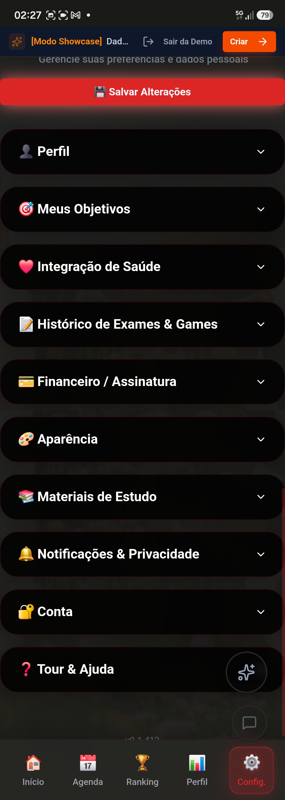 Menu de Configurações do Aluno